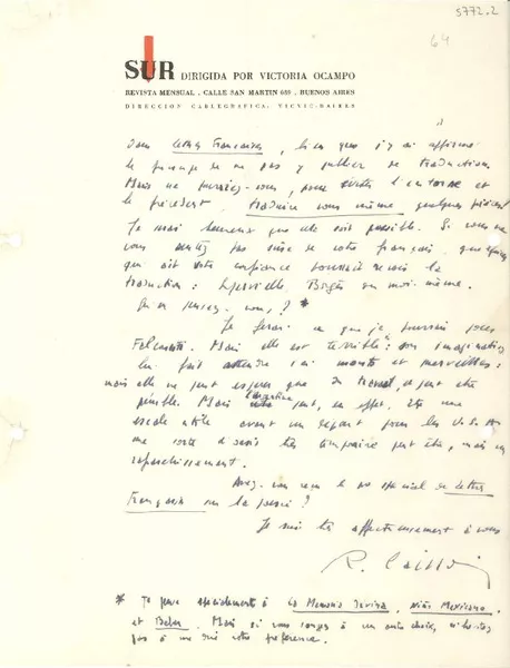 [Carta] 1943 mayo 4, [Buenos Aires], [Argentina] [a] Gabriela [Mistral]  [manuscrito] Roger Caillois.
