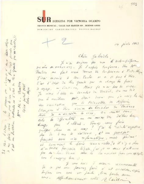 [Carta] 1943 jun. 14, [Buenos Aires] [a] Gabriela [Mistral]  [manuscrito] [Roger] Caillois.