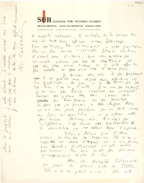 [Carta] 1943 nov. 17, [Buenos Aires], [Argentina] [a] Gabriela [Mistral]  [manuscrito] [Roger] Caillois.