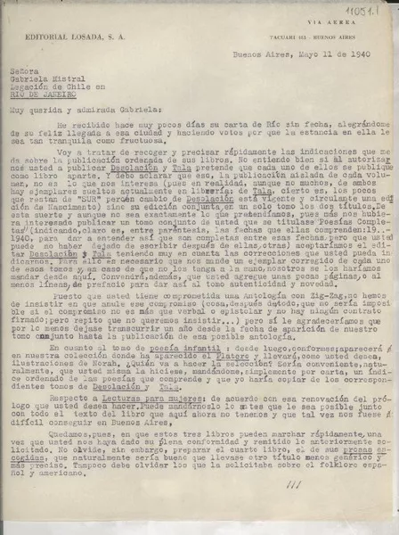 [Carta] 1940 mayo 11, Buenos Aires, [Argentina] [a] Gabriela Mistral, Legación de Chile, Rio de Janeiro, Brasil  [manuscrito] Guillermo de Torre.