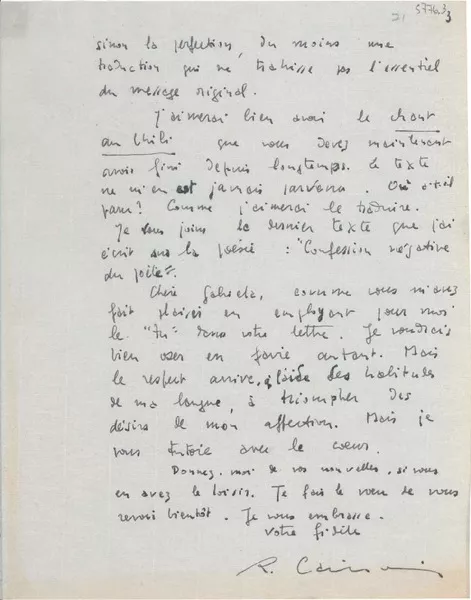 [Carta] [1951?] ago. 23, Paris, [Francia] [a] Gabriela [Mistral]  [manuscrito] [Roger] Caillois.