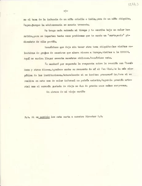 [Carta] 1952 jul. 3, Nápoles, [Italia] [a] Roger Caillois  [manuscrito] [Gabriela Mistral].