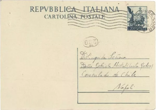[Tarjeta postal] 1952 nov. 23, Milan [a] Gabriela Mistral, Consulado de Chile, Napoli  [manuscrito] Giovanni Calabritto.