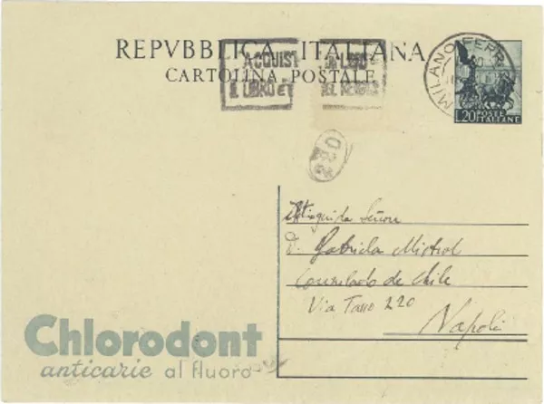 [Tarjeta postal] 1952 dic. 16, Milán [a] Gabriela Mistral, Consulado de Chile, Napoli  [manuscrito] Giovanni Calabritto.