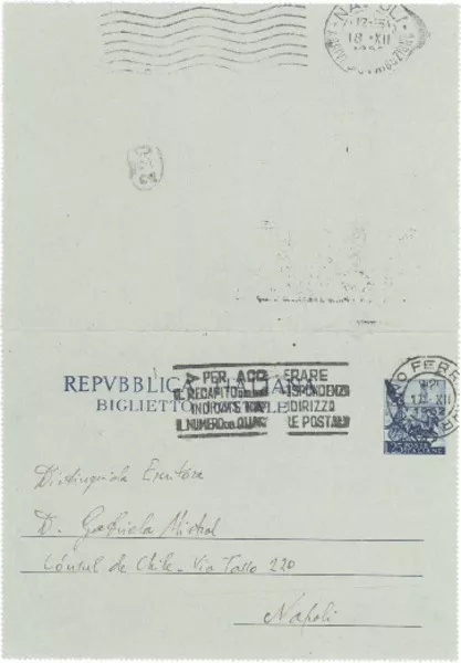 [Tarjeta postal] 1952 dic. 17, Milan, [Italia] [a] Gabriela Mistral, Napoli, [Italia]  [manuscrito] Giovanni Calabritto.