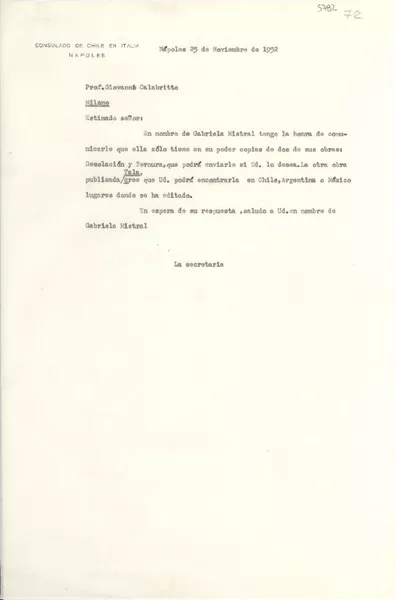 [Carta] 1952 nov. 27, Nápoles [a] Giovanni Calabritto  [manuscrito] La Secretaria [de Gabriela Mistral].