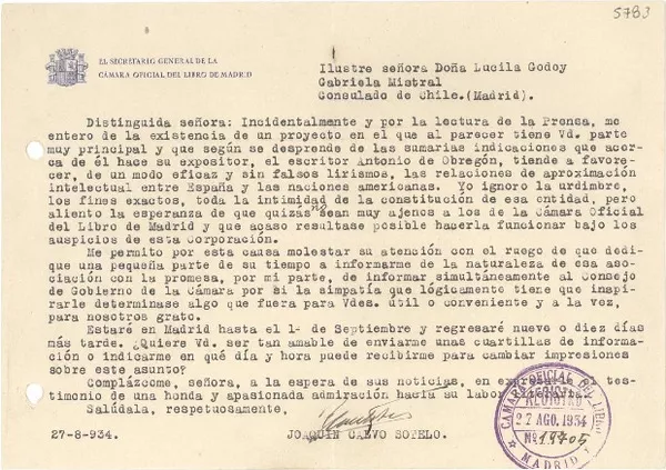 [Carta] 1934 ago. 27, Madrid [a] Gabriela Mistral, Consulado de Chile, Madrid  [manuscrito] Joaquín Calvo Sotelo.