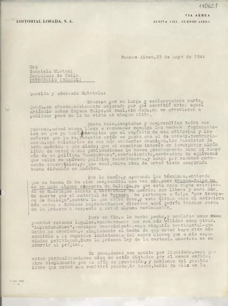 [Carta] 1944 mayo 23, Buenos Aires, [Argentina] [a] Gabriela Mistral, Consulado de Chile, Petrópolis, Brasil  [manuscrito] Guillermo de Torre.