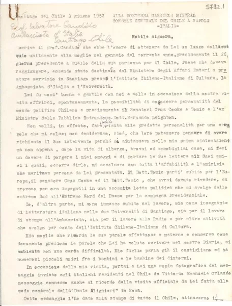 [Carta] 1952 jun. 3, Santiago de Chile [a] Gabriela Mistral  [manuscrito] Salvatore Candido.