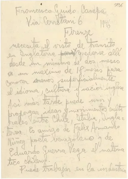 [Carta] 1946, Firenze, [Italia] [a] Gabriela Mistral  [manuscrito] Francesco Guido Canepa.