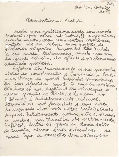 [Carta] 1941 nov. 4, Rio [de Janeiro, Brasil] [a] Gabriela Mistral  [manuscrito] Otto María Carpeaux.