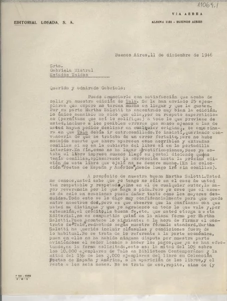 [Carta] 1946 dic. 11, Buenos Aires, [Argentina] [a] Gabriela Mistral, Estados Unidos  [manuscrito] Guillermo de Torre.