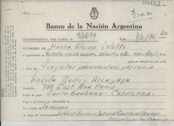 [Recibos] [1947?], [Argentina] [a] Lucila Godoy Alcayaga, Consuelo Saleva, Santa Barbara, California, [EE.UU.]  [manuscrito] Banco de Nación Argentina.