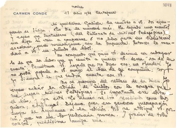 [Carta] 1934 abr. 17, Cartagena [España] [a] Gabriela Mistral  [manuscrito] Carmen Conde.