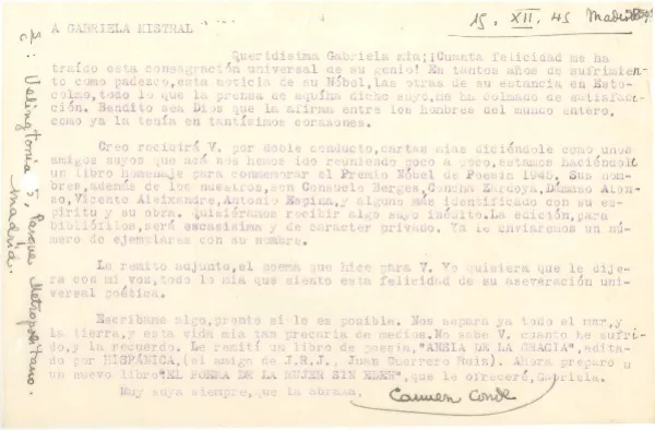 [Carta] 1945 dic. 15, Madrid [a] Gabriela Mistral  [manuscrito] Carmen Conde.