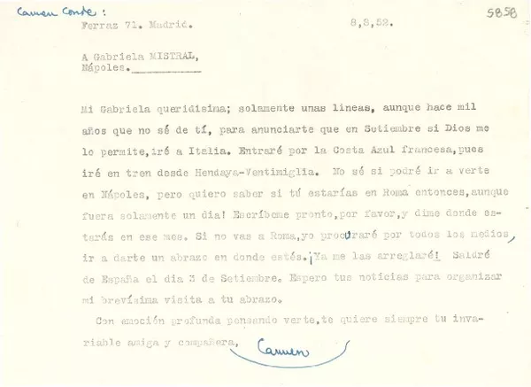 [Carta] 1952 ago. 8, Madrid [a] Gabriela Mistral, Nápoles  [manuscrito] Carmen Conde.