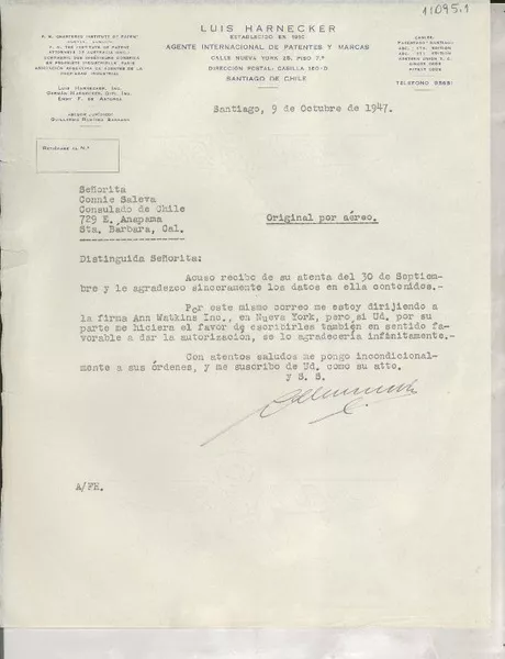 [Carta] 1947 oct. 9, Santiago, [Chile] [a] Connie Saleva, Consulado de Chile, Sta. Bárbara, Cal[ifornia], [EE.UU.]  [manuscrito] [Luis Harnecker?].
