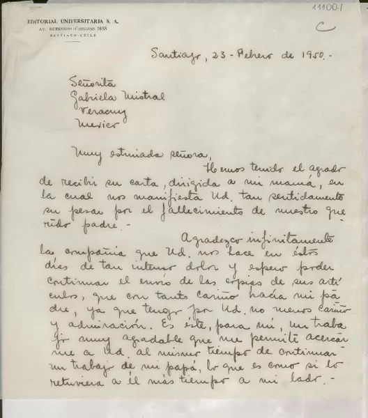 [Carta] 1950 feb. 23, Santiago, [Chile] [a] Gabriela Mistral, Veracruz, México  [manuscrito] Mary Saavedra Jarpa.