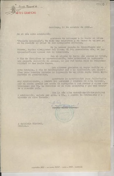 [Carta] 1950 oct. 14, Santiago, [Chile] [a] Gabriela Mistral, México  [manuscrito] Héctor Gómez Matus.