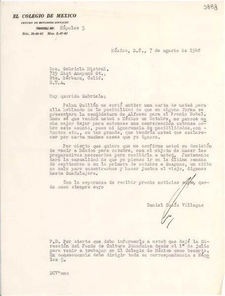 [Carta] 1948 ago. 7, México D.F. [a] Gabriela Mistral, Santa Bárbara, California  [manuscrito] Daniel Cosío Villegas.
