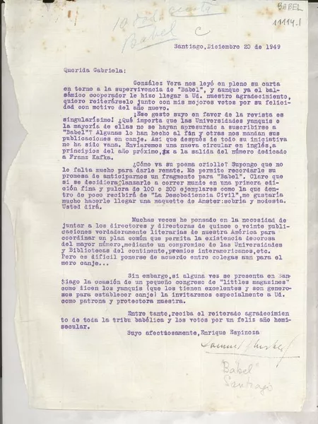 [Carta] 1949 dic. 20, Santiago, [Chile] [a] Gabriela [Mistral]  [manuscrito] [Samuel Flusberg].