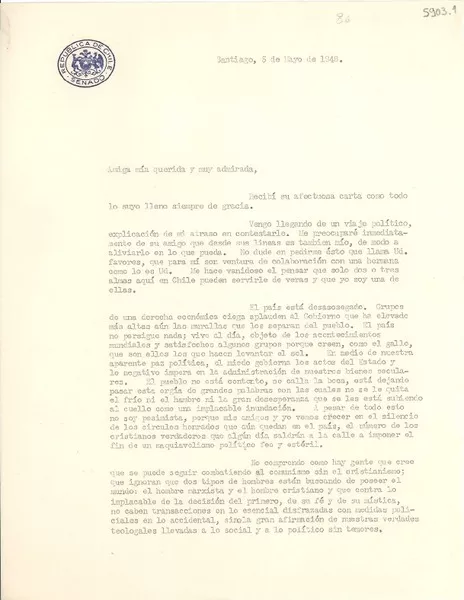 [Carta] 1948 mayo 5, Santiago, [Chile] [a] Gabriela Mistral, Petrópolis, Brasil  [manuscrito] Eduardo Cruz-Coke.