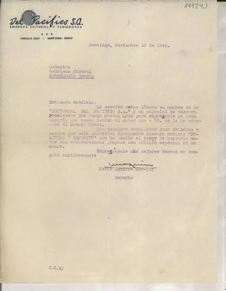 [Carta] 1945 nov. 15, Santiago, [Chile] [a] Gabriela Mistral, Petrópolis, Brasil  [manuscrito] Mario Aguirre Mac-Kay.