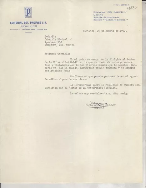 [Carta] 1950 ago. 25, Santiago, [Chile] [a] Gabriela Mistral, Veracruz, México  [manuscrito] Mario Aguirre Mac-Kay.