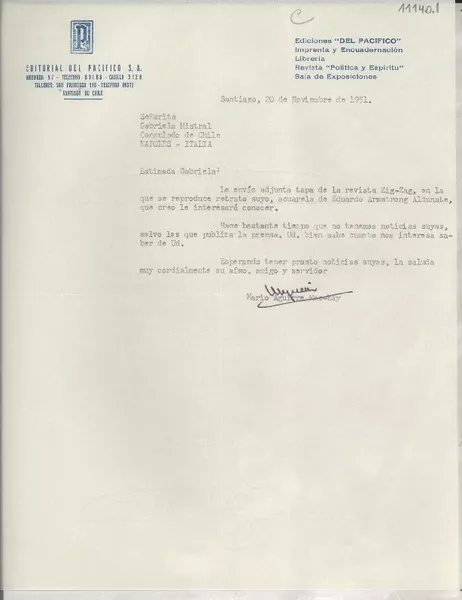 [Carta] 1951 nov. 20, Santiago, [Chile] [a] Gabriela Mistral, Consulado de Chile, Nápoles, Italia  [manuscrito] Mario Aguirre Mac-Kay.