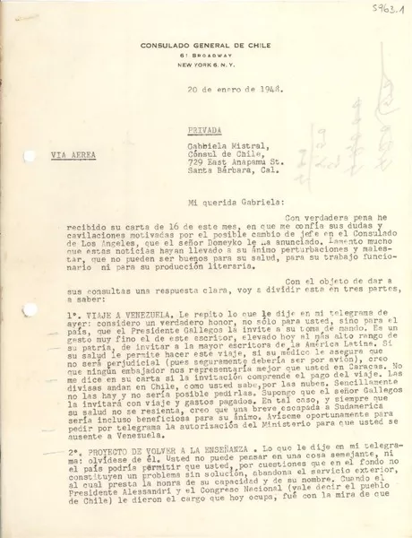 [Carta] 1948 ene. 20, New York, [EE.UU.] [a] Gabriela Mistral, Santa Bárbara, [EE.UU.]  [manuscrito] Alfonso Grez.