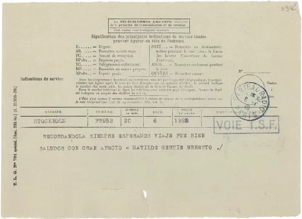 [Telegrama] 1946 ene. 6, Estocolmo [a] Gabriela Mistral, París  [manuscrito] Matilde Gertie y Ernesto.