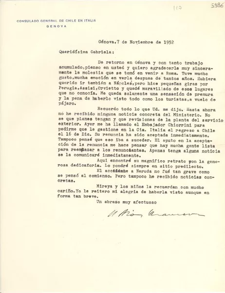 [Carta] 1952 nov. 7, Génova [a] Gabriela Mistral  [manuscrito] Díaz Casanueva.