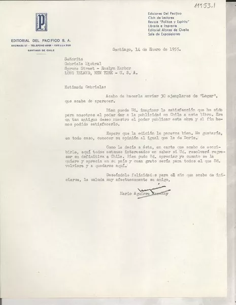 [Carta] 1955 ene. 14, Santiago, [Chile] [a] Gabriela Mistral, Roslyn Harbor, Long Island, N. Y., EE.UU.  [manuscrito] Mario Aguirre Mac-Kay.