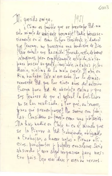[Carta] 1951, [Santiago] [a] Gabriela Mistral  [manuscrito] Alone.