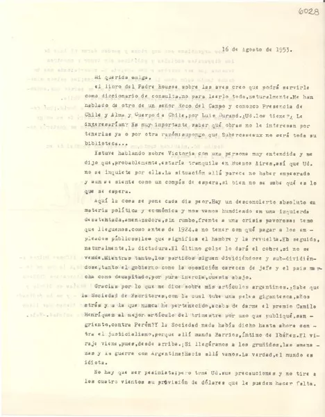 [Carta] 1953 ago. 16, Santiago, [Chile] [a] [Gabriela Mistral]  [manuscrito] Alone.