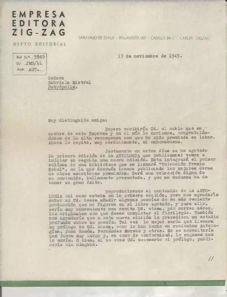 [Carta] 1945 nov. 17, Santiago, Chile [a] Gabriela Mistral, Petrópolis, [Brasil]  [manuscrito] [José María] Souviron.