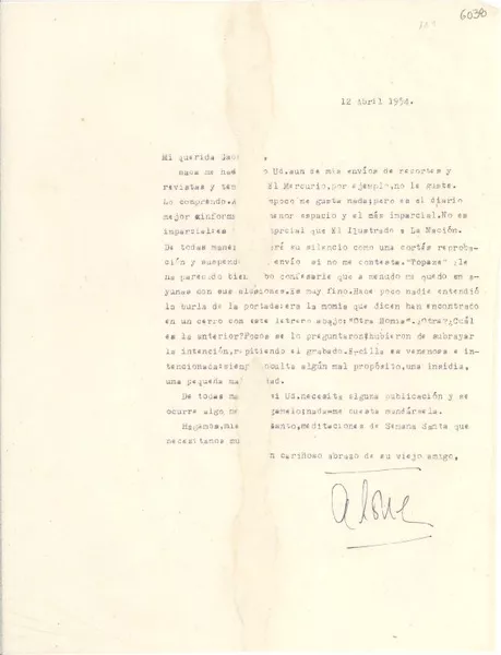 [Carta] 1954 abr. 12, [Santiago] [a] Gabriela Mistral  [manuscrito] Alone.