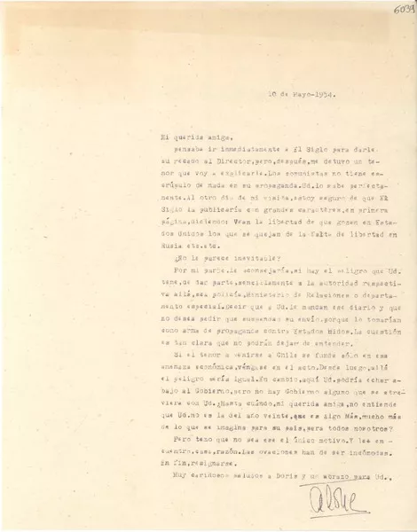 [Carta] 1954 mayo 10, [Santiago] [a] Gabriela Mistral  [manuscrito] Alone.