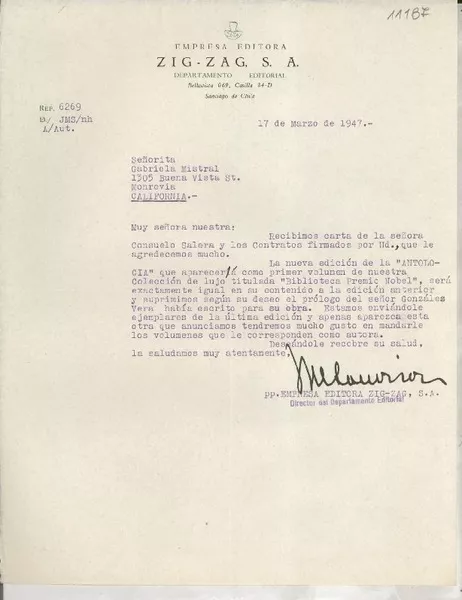 [Carta] 1947 mar. 17, Santiago, Chile [a] Gabriela Mistral, Monrovia, California, [EE.UU.]  [manuscrito] [José María] Souviron.