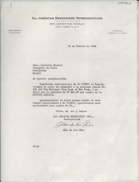 [Carta] 1945 feb. 23, New York, [EE.UU.] [a] Gabriela Mistral, Consulado de Chile, Petrópolis, Brasil  [manuscrito] Aída de los Ríos.
