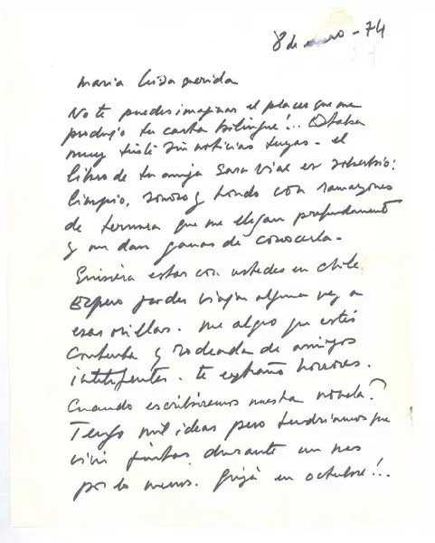 [Carta] 1974 ene. 8, Buenos Aires, Argentina [a] María Luisa Bombal  [manuscrito] Gloria Alcorta.