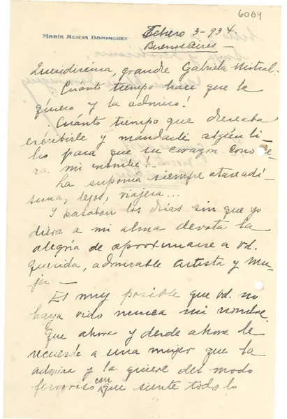[Carta] 1934 feb. 3, Buenos Aires [a] Gabriela Mistral  [manuscrito] María Alicia Domínguez.