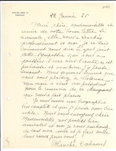 [Carta] 1936 ene. 22, Paris, [Francia] [a] [Gabriela Mistral]  [manuscrito] Blanche Duhamel.
