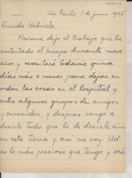 [Carta] 1945 jun. 1, São Paulo, [Brasil] [a] Gabriela [Mistral]  [manuscrito] Marion [Terra].