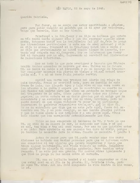 [Carta] 1945 mayo 23, Sao Paulo, [Brasil] [a] Gabriela Mistral  [manuscrito] Marion Terra.