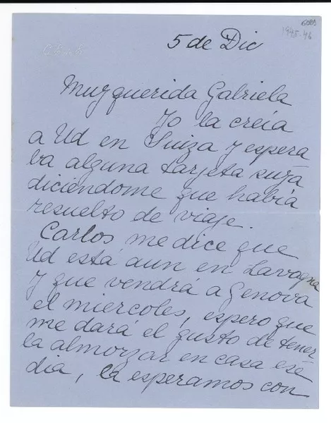 [Carta] dic. 5, [Italia] [a] Gabriela Mistral  [manuscrito] Carmela Echeñique de Errázuriz.