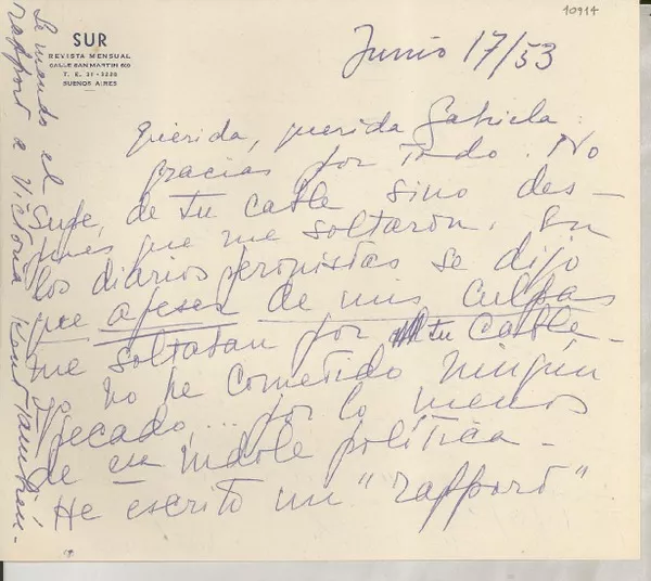 [Carta] 1953 jun. 17, [Buenos Aires, Argentina] [a] Gabriela Mistral  [manuscrito] Victoria Ocampo.