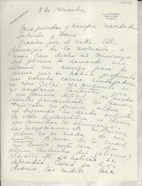 [Carta] 1953 nov. 8, [San Isidro, Argentina] [a] Gabriela Mistral  [manuscrito] Victoria Ocampo.