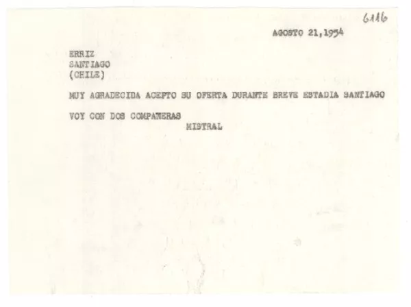 [Telegrama] 1954 ago. 21 [a] [Carmela Echeñique de Errázuriz], Santiago, Chile  [manuscrito] [Gabriela] Mistral.