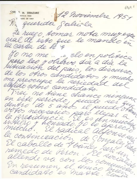 [Carta] 1951 nov. 12, [Santiago] [a] Gabriela Mistral  [manuscrito] Carmela Echeñique de Errázuriz.